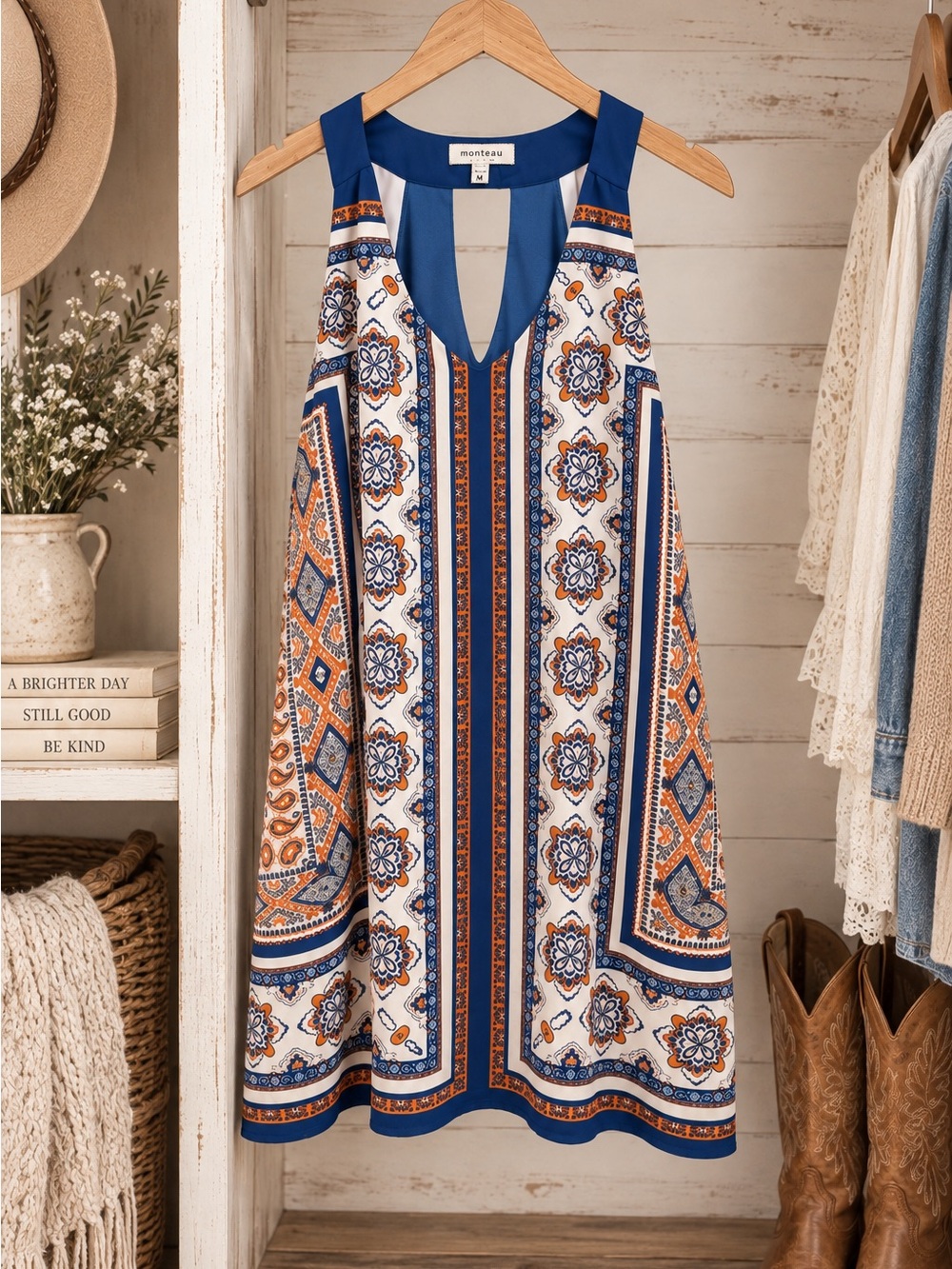 Monteau Boho Scarf Print Dress M | Blue Orange Game Day Western Mini